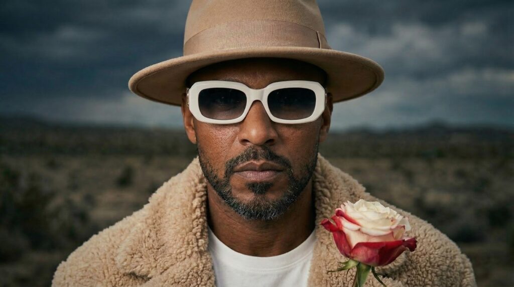 ESKOPPO, lunettes blanches et chapeau, une rose à la boutonnière